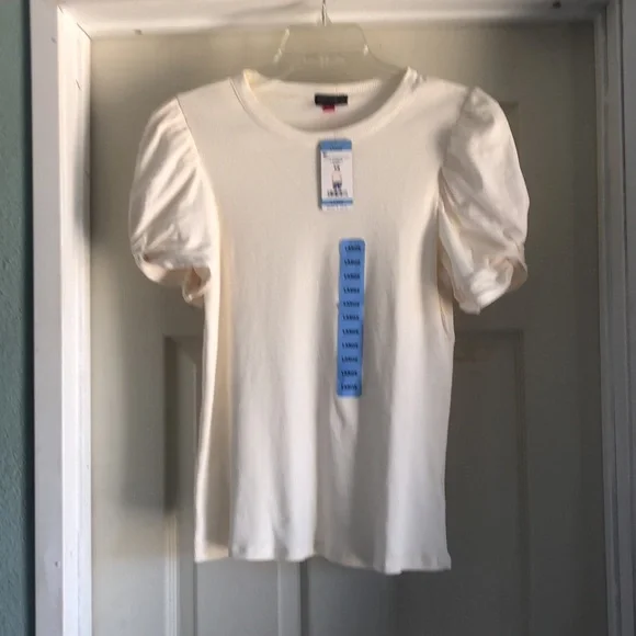 NWT Vince Camuto Puff Sleeve Top Bone Short Sleeve New Ribbed Size Large L New - Picture 1 of 8